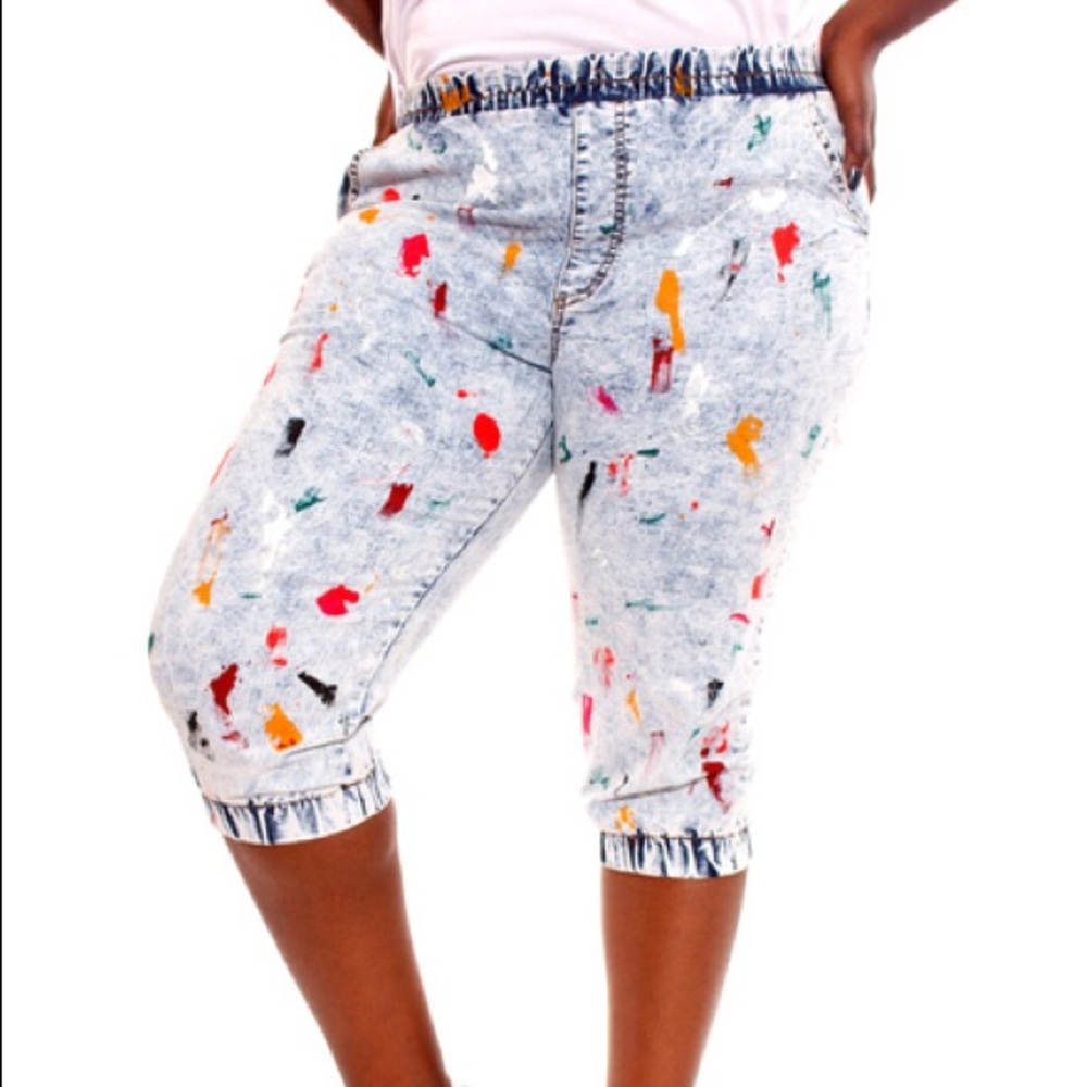 Painted Denim Capri Jogger Pants
